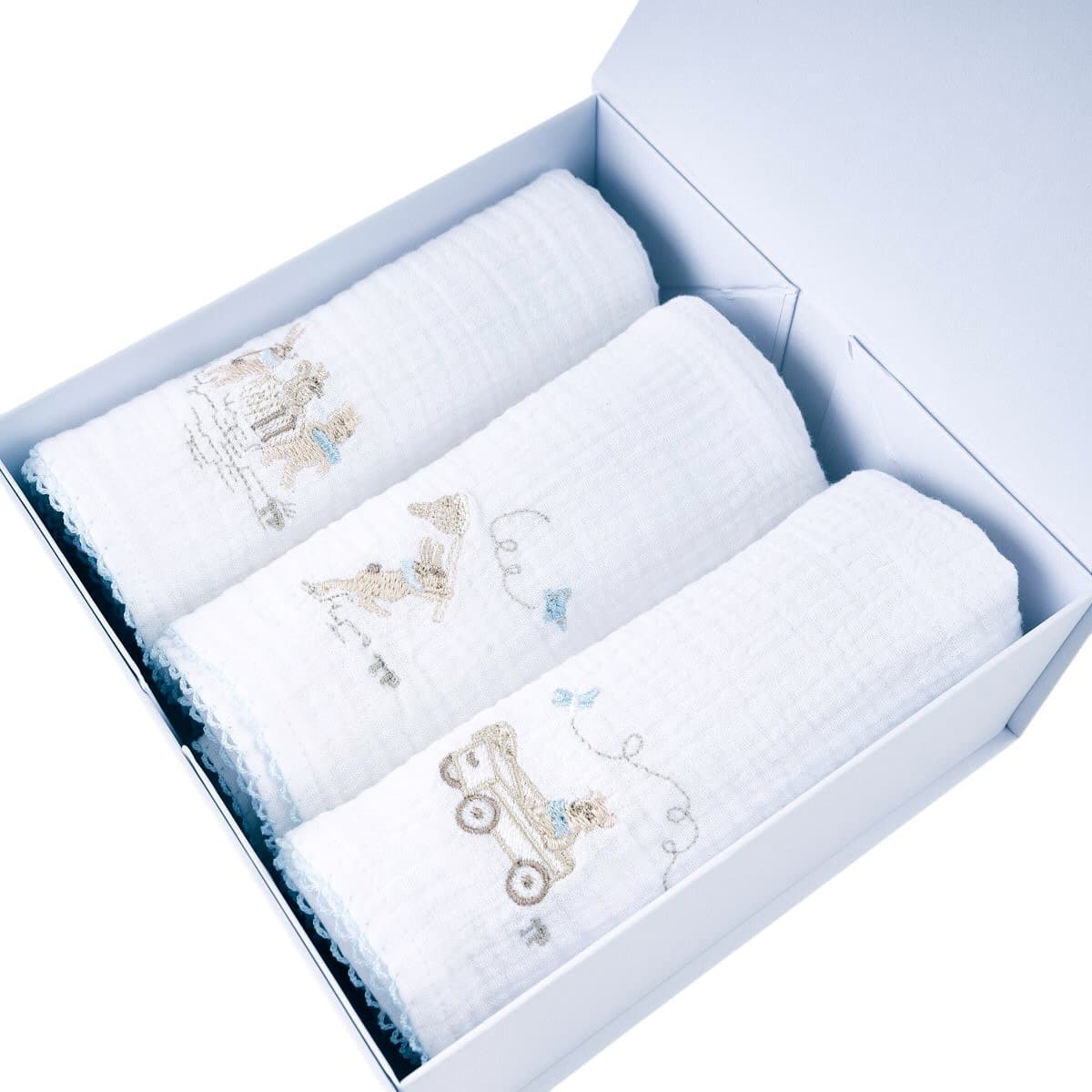 Théophile & patachou - Blue Garden Party - 3 geborduurde tetra doek BP 60x60 + doos