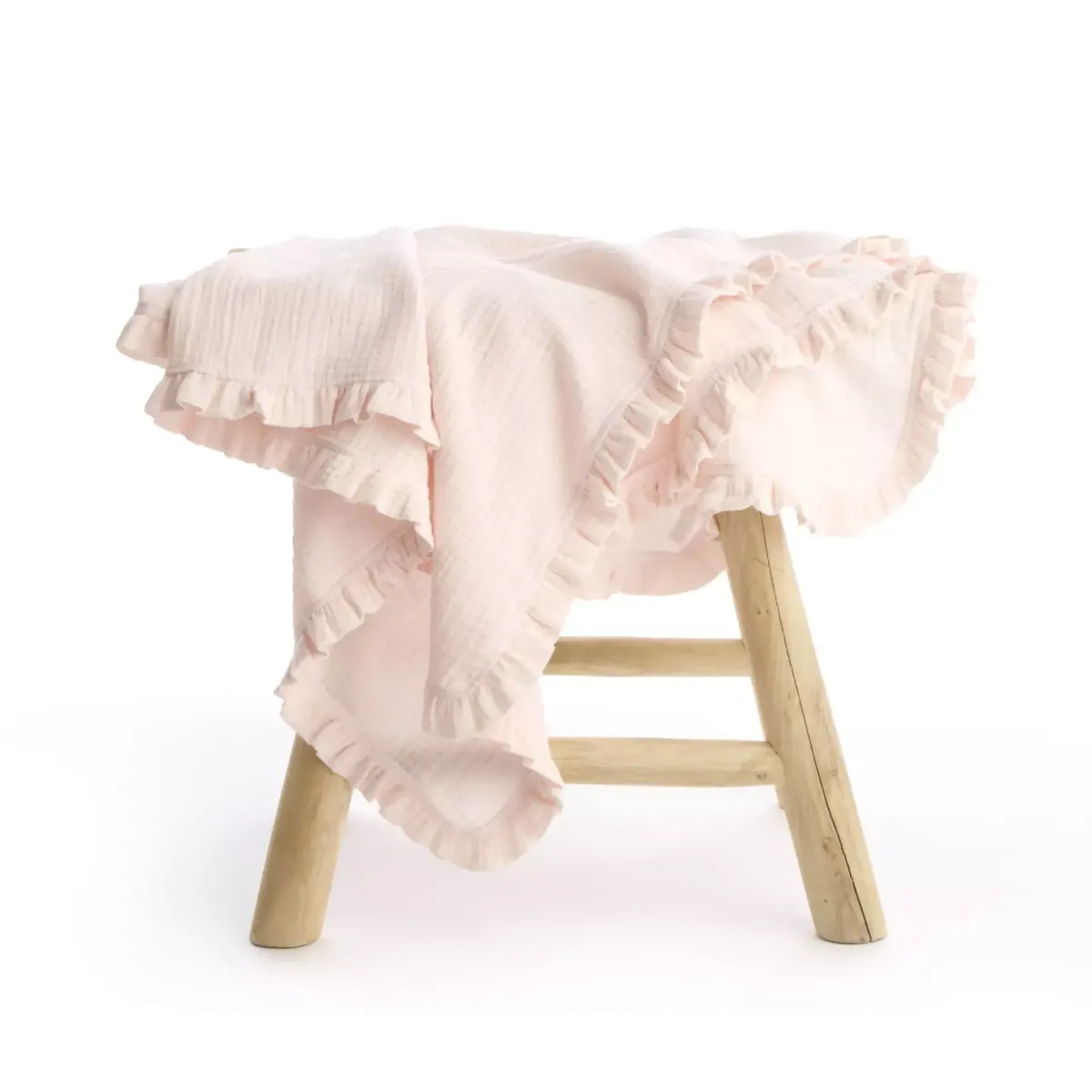 Living Nature - Luxe Deken Delphine organische tetra met ruffles 120x120cm peachy pink