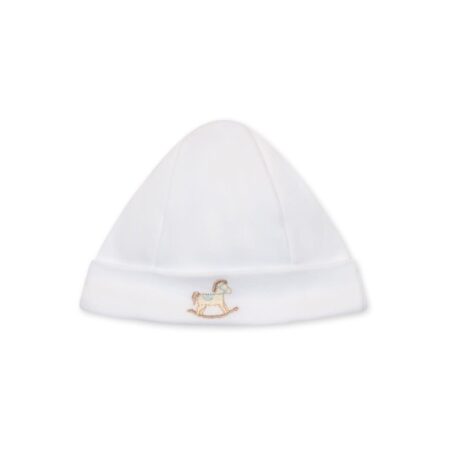 Baby Gi - White cotton babyhat - Rocking Horse - Blue detail (0-1M)
