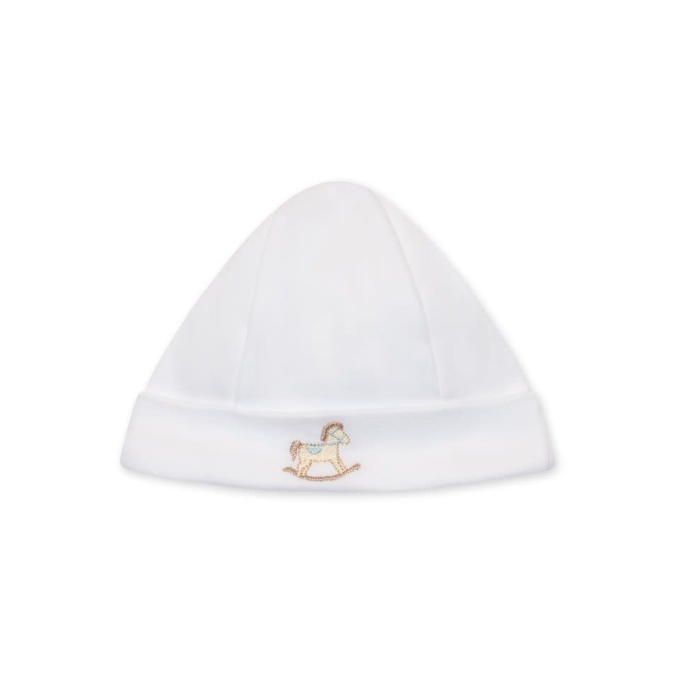 Baby Gi - White cotton babyhat - Rocking Horse - Blue detail (0-1M)