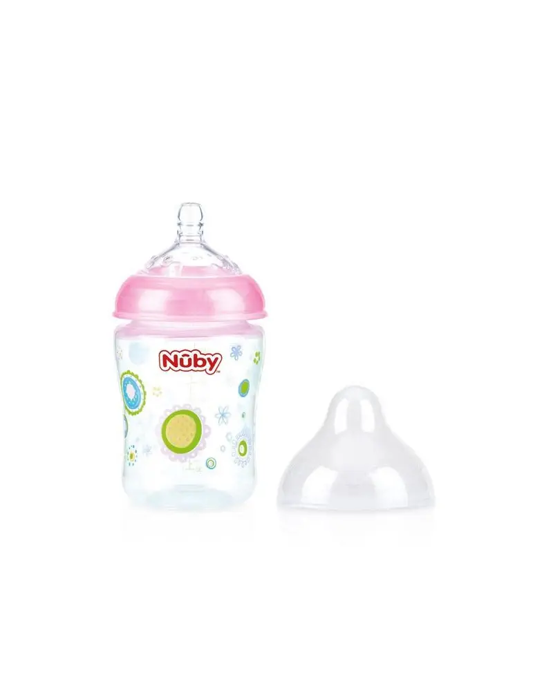 Nuby - Brede Hals Fles - 180ML - bloemen roze
