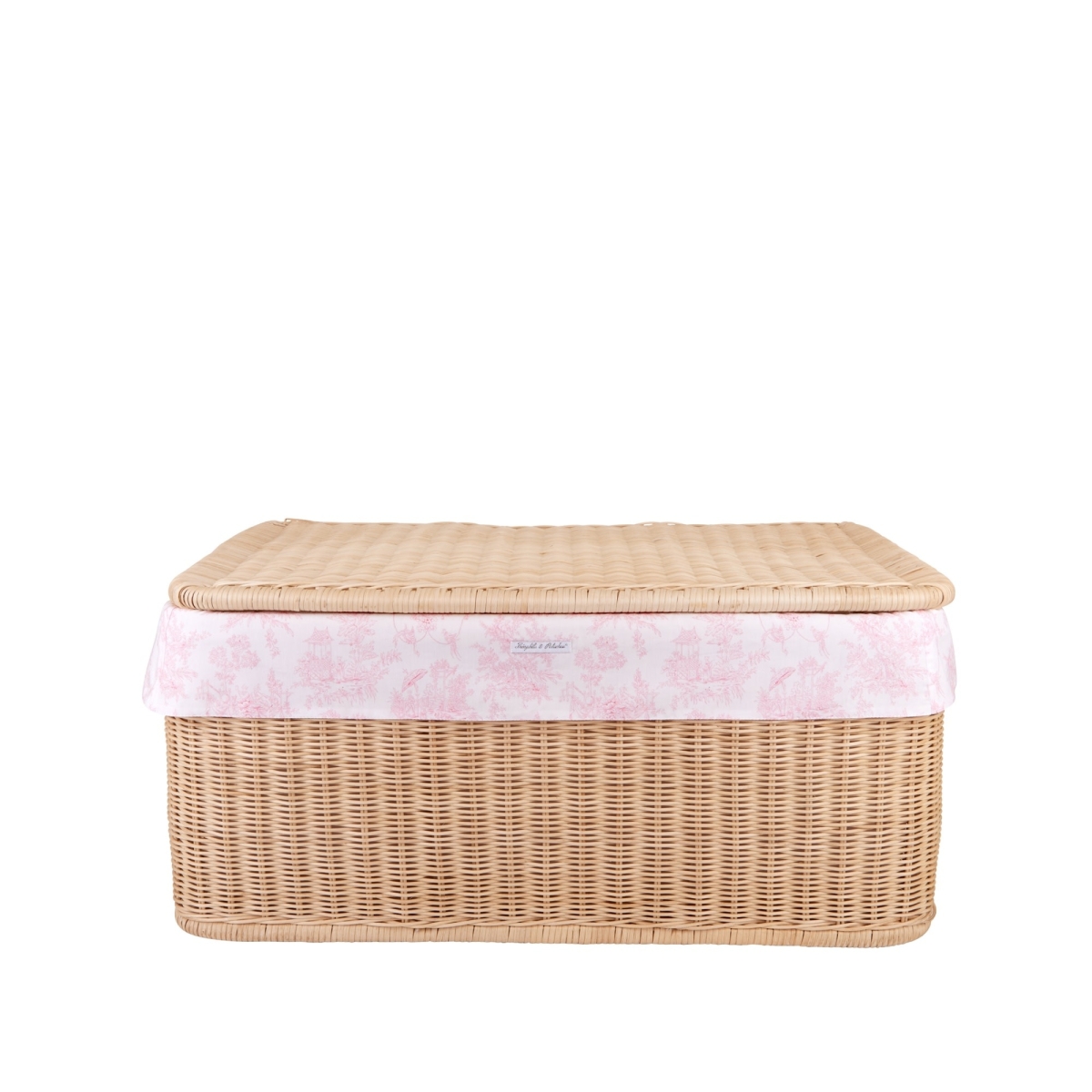 Theophile & Patachou - Grote rieten speelgoedkoffer + Bekleding katoen Roze geprint