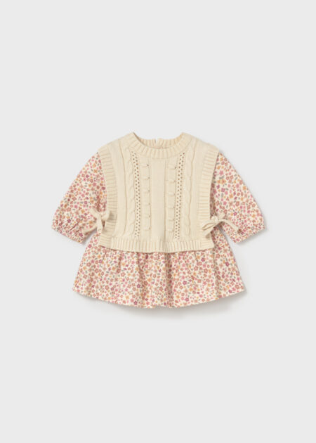 Mayoral - gebreide jurk met gilet-look - crème met bloemenprint