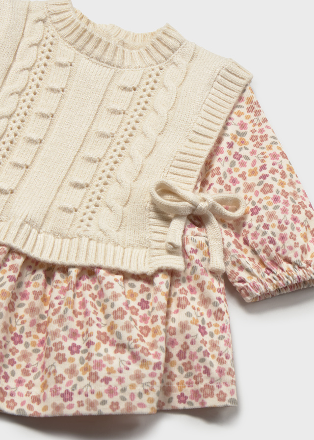 Mayoral - gebreide jurk met gilet-look - crème met bloemenprint