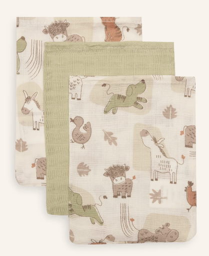Jollein - hydrofiele washandje 15 x 20cm barn buddies - 3 stuks
